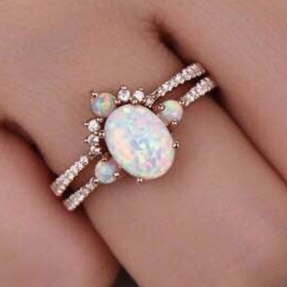 Opal Rose Gold Engagement Ring Set Size 5 *LIKENEW